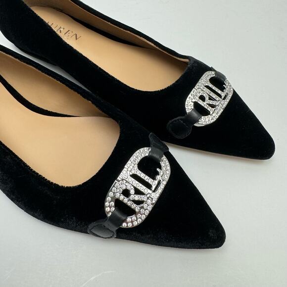 NEW Lauren Ralph Lauren | Lilah Black Velvet Crystal Logo Pointed Toe Flats - Picture 2 of 11
